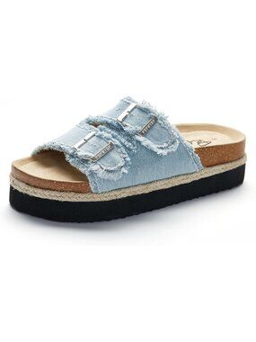 Women's Denim Blue Soft Cork Foot bed and Strap Ladies Fashion Platform Slide